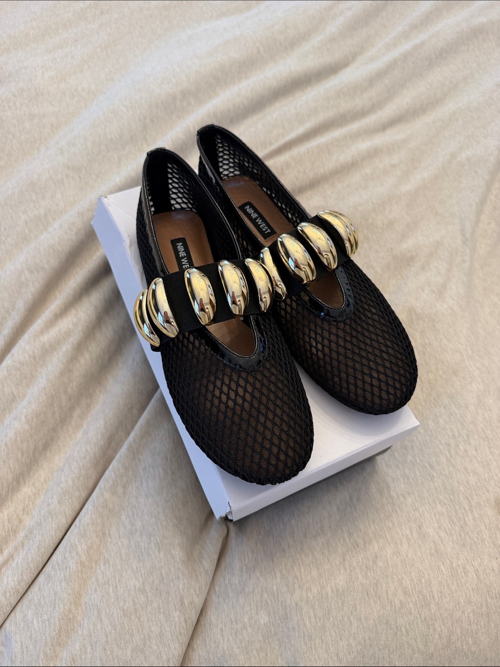 Nine West Black Mesh Mary Jane Flats with Gold Orb Strap